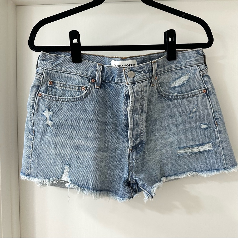 Denim Forum Light Blue Distressed Jean Shorts, Size 29
